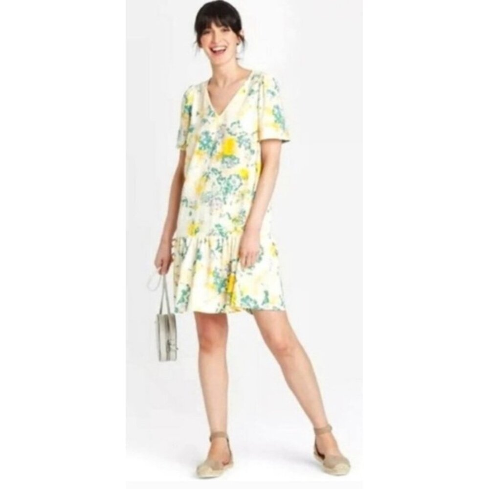 A New Day White Floral Ruffle Hem Knee Length V-Neck Shift‎ Dress S